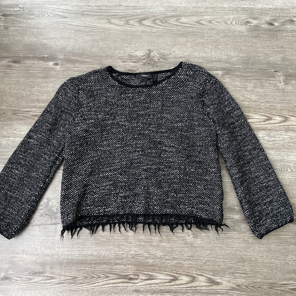 Theory Vendla Tweed Sweater Womens L Black White Wool Blend Fringe Hem Boxy